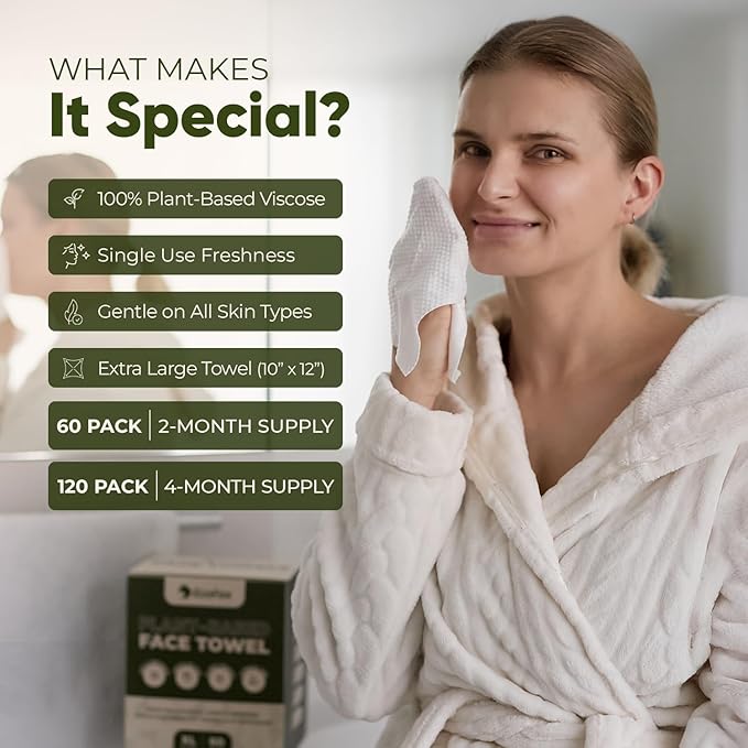 EcoFox Clean Face Towels XL | Disposable Facial Washcloths, Ultra-Absorbent, Hypoallergenic & Soft Towelettes | Dual-Textured, Lint-Free Makeup Remover Dry Wipes, 10x12 Inch | PETA-Approved (120 Pack)