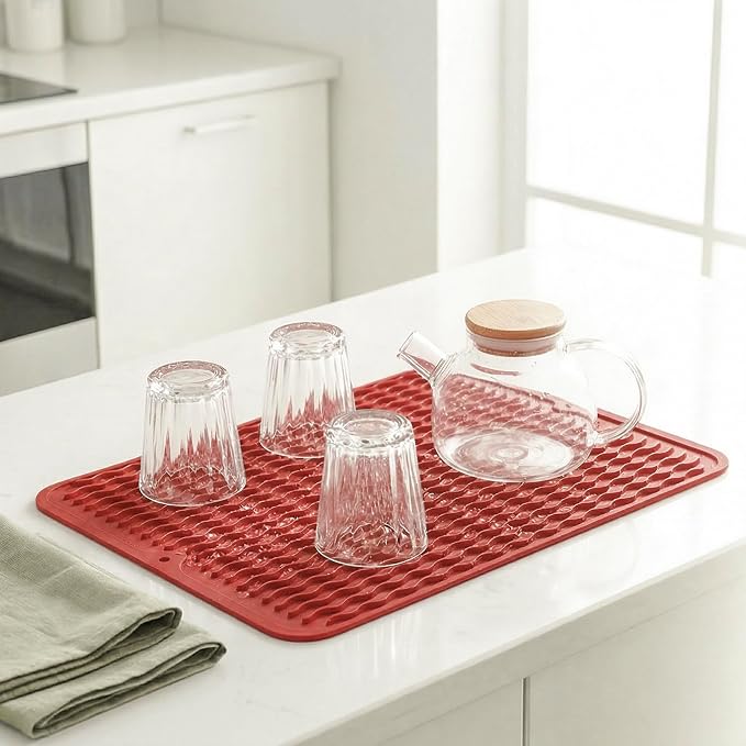 MicoYang Silicone Dish Drying Mat — Quick-Dry Ridges Counter & Sink Pad, Heat-Resistant Trivet to 450°F, Non-Slip & Dishwasher Safe, Roll-Up Storage, 18 Colors & 9 Sizes (Red, 16"×12")