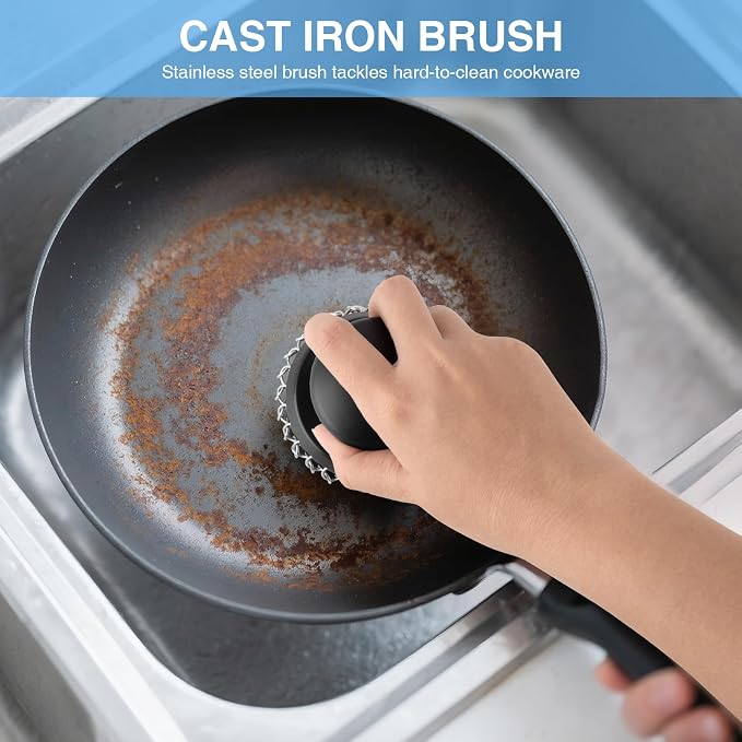 2PCS Cast Iron Scrubber Cleaner, Chainmail Scrubber for Cast Iron Pan Skillet, Dish Scouring Pad, 316 Stainless Steel Brush/Scraper for Metal Skillet Scrubbing, Wok, Dutch Oven Cleaning - Thick+Thin