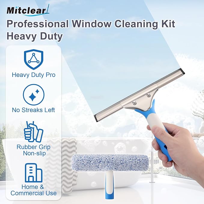 Mitclear Window Cleaning Kit 10IN Squeegee & Scrubber for Shower Glass Car | Professional Windows Cleaner Tool Glass Washing Equipment - Silicone Squeegee & Microfiber Scrubber for Mirror Windshield