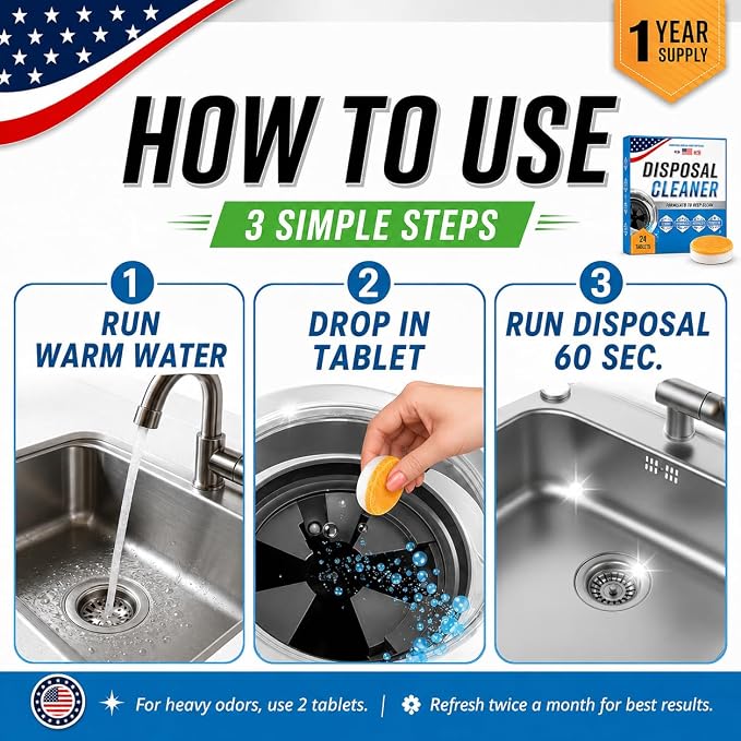Garbage Disposal Cleaner Deodorizer Tablets, XL Foaming Citrus Sink Drain Disposal Cleaner Tablets Odor Eliminator, Grease Grime Food Residue Remover, Septic Safe, 24 Pack for 1 Year Supply