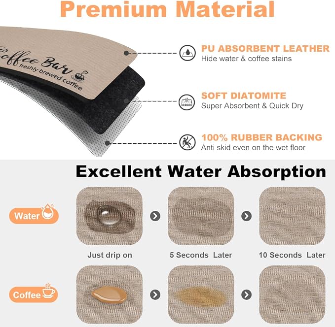 Findosom Dish Drying Mat, 12"x 20" Super Absorbent & Hide Stain Coffee Mat, Cuttable Drying Mat for Kitchen Counter, Coffee Bar Accessories, Under Dish Rack, Coffee Maker, Espresso Machine, Linen