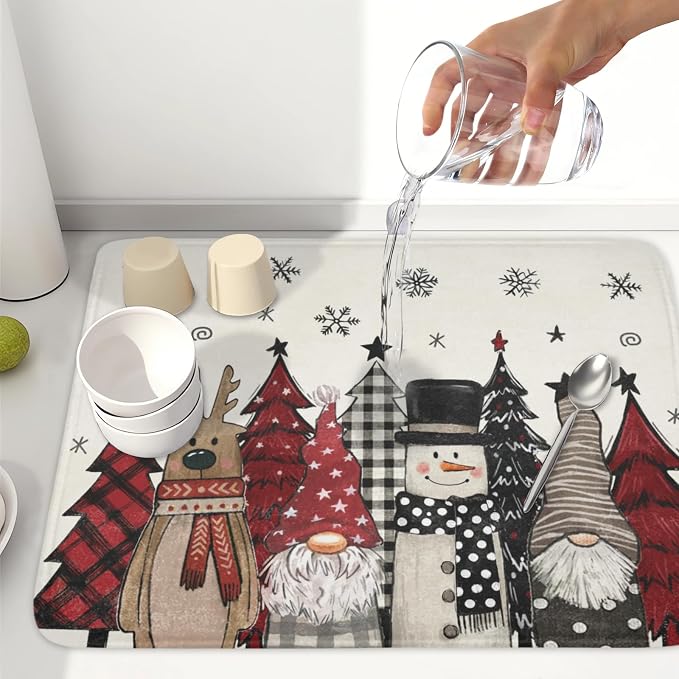 Giwawa Winter Snowman Gnome Dish Drying Mat Xmas Tree Dishes Pad 18"x24" Microfiber Fast Dry Dish Drainer Rack Mats Kitchen Countertop Accessories