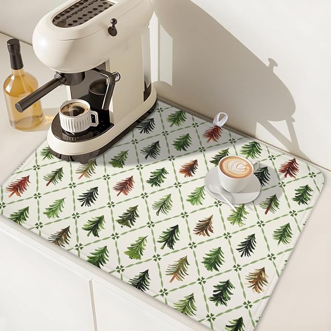 Christmas Dish Drying Mat for Kitchen Counter Xmas Theme Green Trees Dish Drainer Mat Rustic Farmhouse Winter Holiday Absorbent Washable Drying Pad 18"x24"