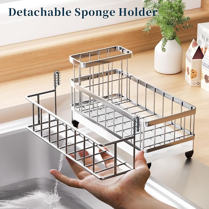 Consumest Sponge Holder for Kitchen Sink - Auto Draining Sink Caddy Organizer with Detachable Rack, High Brush Holder, Kitchen Countertop Storage Accessories, Silver