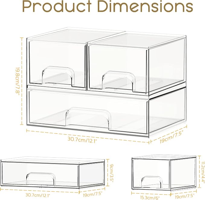 Criusia Stackable Storage Drawers, 3 Pack Clear Acrylic Makeup & Bathroom Organizer, Versatile Storage Bins for Vanity, Under Sink, Kitchen Cabinets & Pantry
