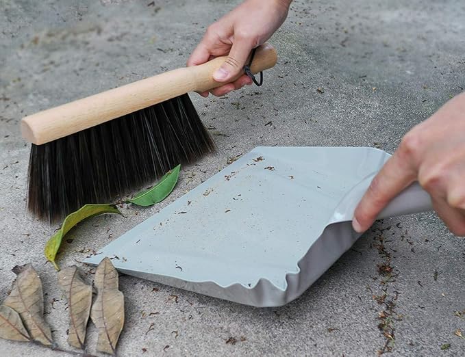 Metal Dust Pan and Brush Set Heavy Duty for Fireplace Garage Shop 9" Wide | Small Hand Broom and Dustpan for Woodstove Ash Cat Litter Outdoor Camping Soft Bristle Wooden Dusting Brush Indoor Cleaning