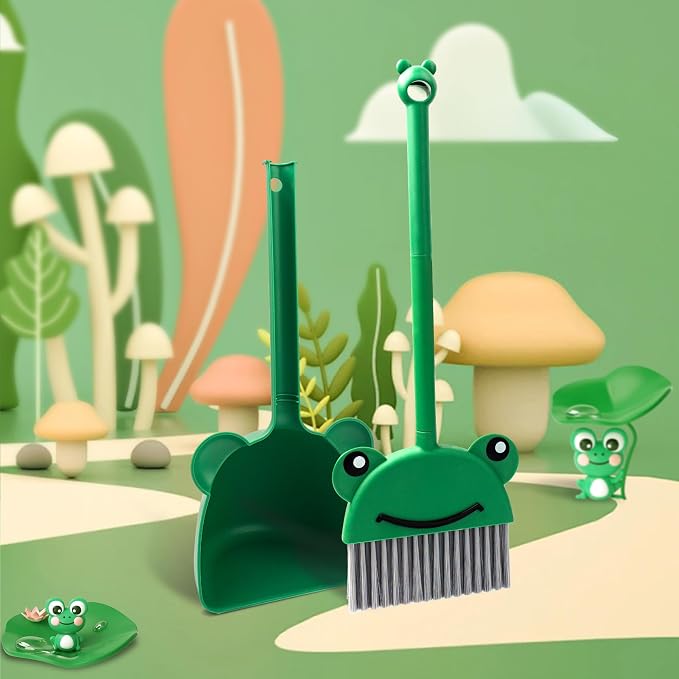 Children's Small Broom Dustpan Set Green Frog Mini Household Cleaning and Pretend Play Set