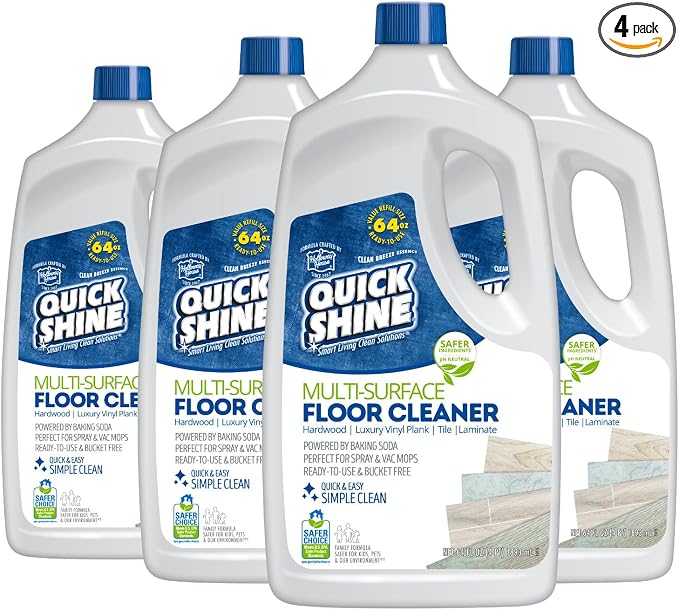 Quick Shine Multi-Surface Floor Cleaner 64 oz-4 Pk, Streak-Free, No Residue | Powered by Baking Soda, Clean Breeze Essence, pH Neutral, No Rinse, PFAS & Ammonia Free, EPA Safer Choice Made in USA