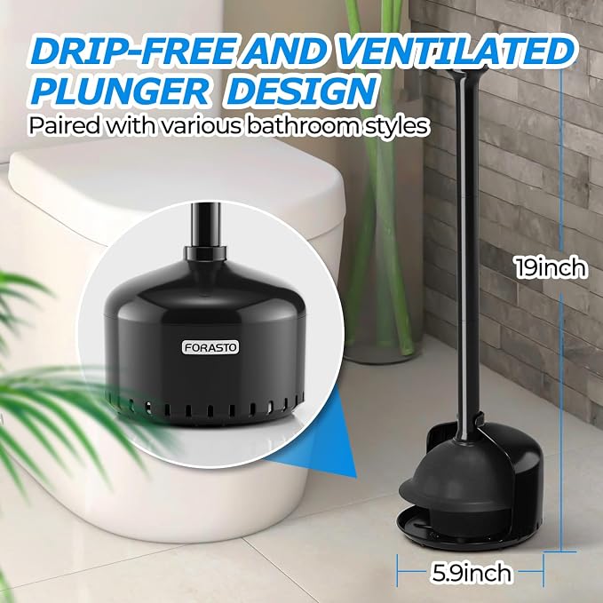 FORASTO Toilet Plunger with Holder,Plungers for Bathroom with Holder,Plunger with Cover,Bathroom Decor，Bathroom Accessories，Toilet Bowl Cleaners,Black(19inch)