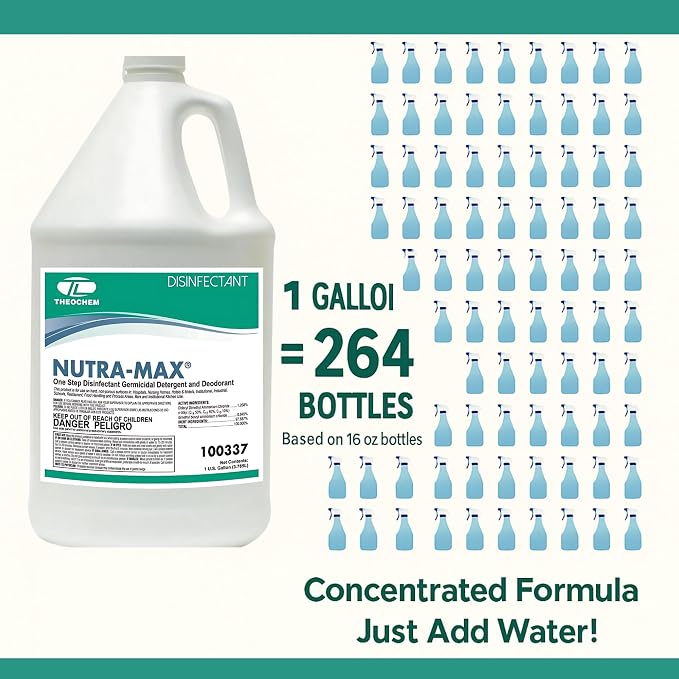 Nutra-Max Hospital Grade Disinfectant, EPA List N & G, Kills 99.9% Viruses & Bacteria, 1:32 Concentrate Makes 32 Gallons, Commercial Multi-Surface Cleaner For Home