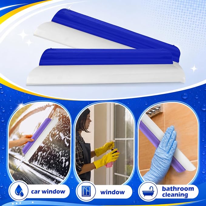 4 Pack 14 Inch Car Drying Squeegee Blue Longer Silicone Water Squeegee Window Shower Blade Automotive Flexible Auto T-bar Rubber Squeegees for Car Windshield Glass Bathroom Wash Tool