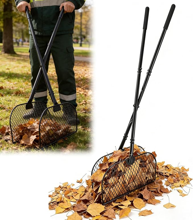 Metal Leaves Rakes with Long Handle, Lightweight Leaf Collector for Gardening, Leaf and Grass Picker Upper Tool, Ideal for Yard Shrub Cleanup