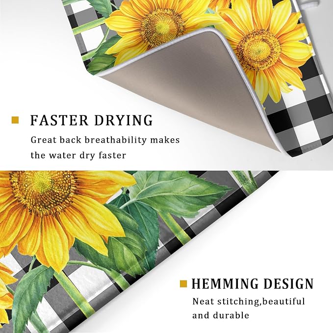 Sunflower Dish Drying Mat for Kitchen Counter Watercolor Black White Plaid Microfiber Absorbent Dish Draining Reusable Washable Foldable Extra Large 18"x24"