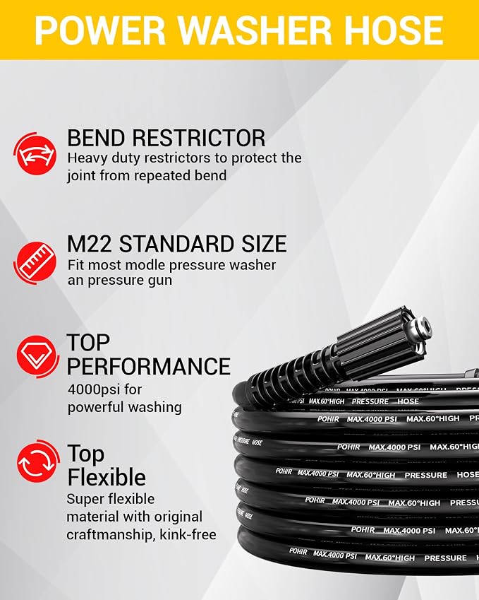 Pressure Washer Hose 25FT, 1/4'' ID M22 No Kink Replacement Hose | 4000PSI Non Marking No Bursting Power Washing Lightweight Extension Hose with O-Rings No Leak for Car Garden Yard Cleaning