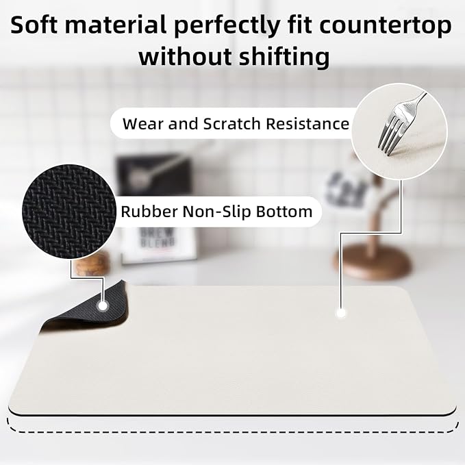 LOPNUR Kitchen Dish Drying Mat, 24"x16" Dish Drying Mats for Kitchen Counter, Diatomite Coffee Mat, Super Absorbent Dish Drying Pad, Heat Resistant Mat with Anti-slip Rubber Backed, Cream White