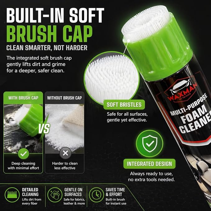 Car Interior Foam Cleaner with Soft Brush Cap – Multi-Purpose Deep Cleaning Foam Spray for Leather, Vinyl, Fabric, Plastic – Safe Non-Drip Formula, Fresh Scent, 22 oz