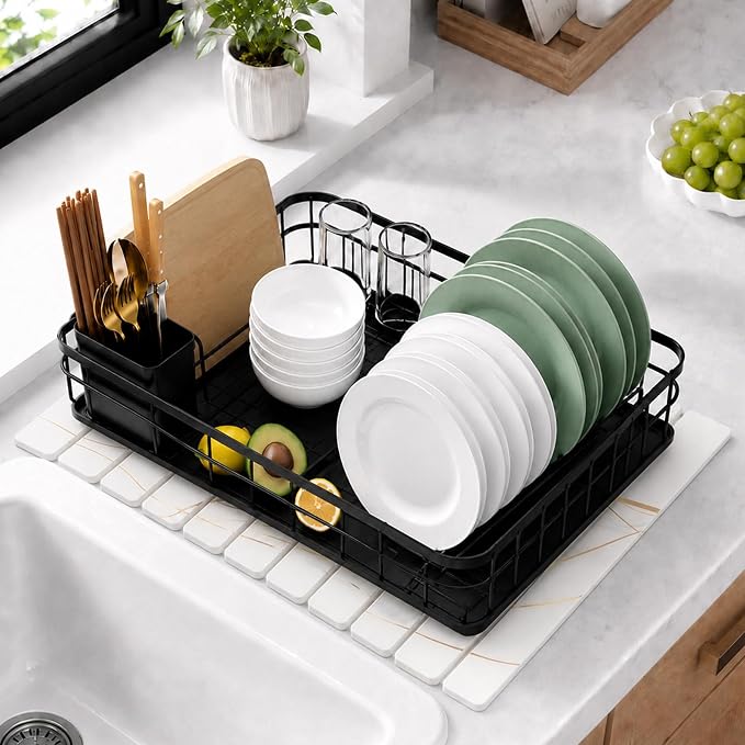 Large Stone Drying Mat for Kitchen Counter&Bathroom, Quick Dry Stone Dishes/Bathroom Mat, Foldable Drying Organizer Pad Suitable for Plate Rack Utensils, Apartment Essentials Decor(White Gold 24"×16")