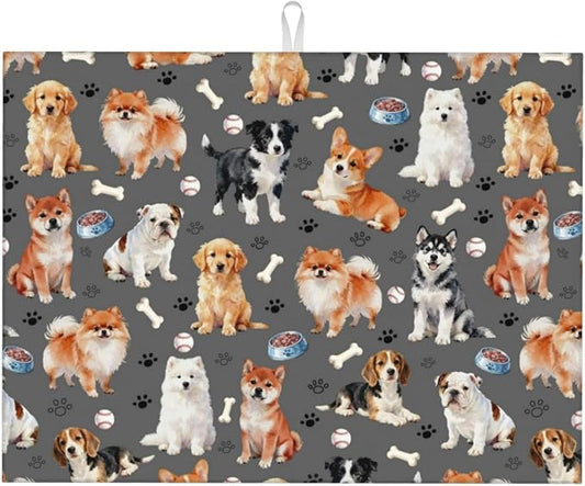 Cute Puppy Dog Dish Drying Mat for Kitchen Counter Cute Kitchen Dish Mat Microfiber Kitchen Countertop Absorbent Reversible Drainer Rack Pad