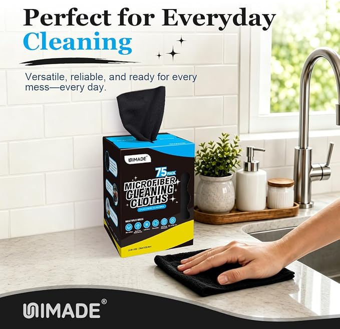 UNIMADE Microfiber Cleaning Cloth, 75 Sheets Microfiber Towels for Cars Commercial Grade Washcloths Lint-Free Bulk Shop Towel Cleaning Rags for Household Restaurant Garage Housekeeping, 11"x 9", Black