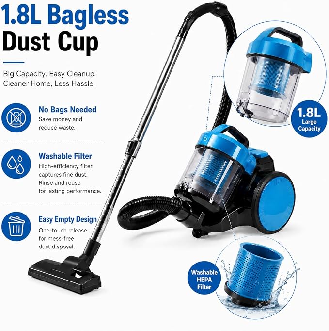 Simple Deluxe Household Portable 16.4Ft Vacuum Cleaner, 16Kpa Bagless Canister Cleaner, Lightweight Powerful Vacuum for Carpets and Hard Floors, with Washable HEPA Filter, Blue