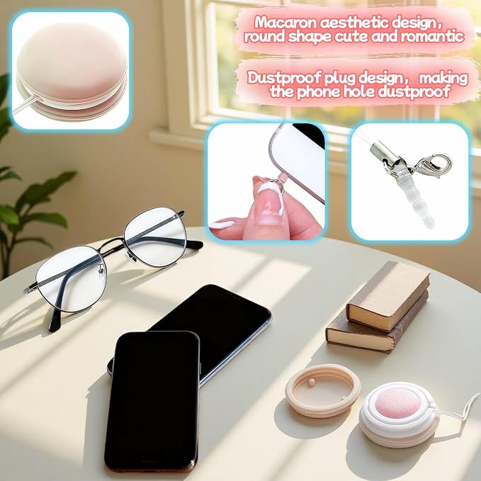 【2 Pack】 Phone Screen Cleaner Dust Plug, Portable Keychain Screen Cleaner for Glasses, Phone, Tablet, Lens - Reusable, Washable, Cute Design with Wrist Strap (Pink/Green) (Pink + Blue)