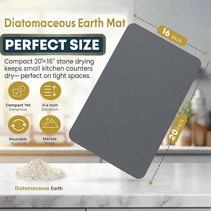 Stone Drying Mat for Kitchen Counter with 5 Wooden Feet | 19.7"×15.7" Diatomaceous Earth Dish Drying Mat, Elevated Drying Stone Mat for Modern Kitchen Countertop