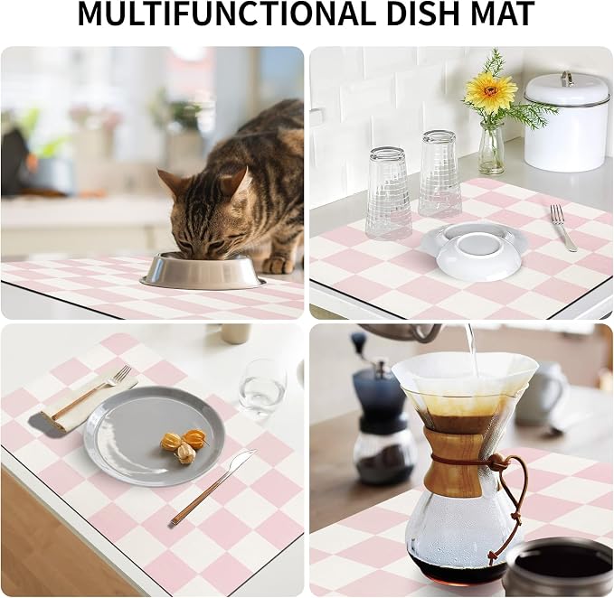 Dish Drying Mat for Kitchen Counter,16"x 24" Super Absorbent Kitchen Dish Drying Pad, Heat Resistant Drainer Mats with Non-slip Rubber Backed, Pink Checkered Coffee Bar Station Accessories