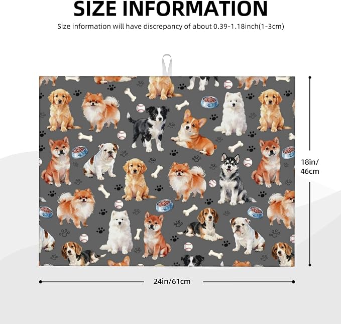 Cute Puppy Dog Dish Drying Mat for Kitchen Counter Cute Kitchen Dish Mat Microfiber Kitchen Countertop Absorbent Reversible Drainer Rack Pad