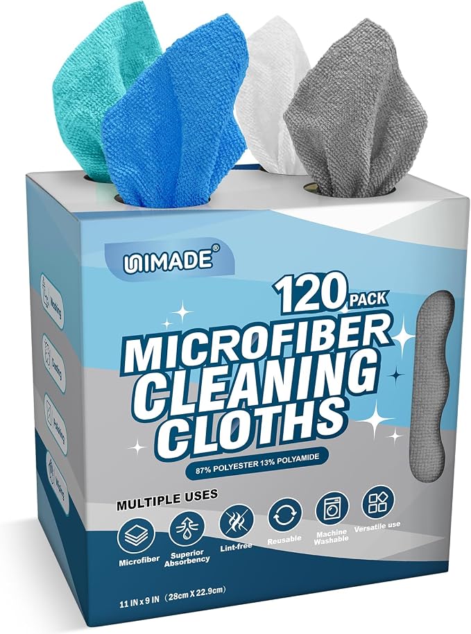 UNIMADE Microfiber Cleaning Cloth, 120 Pack Reusable Paper Towels Microfiber Towels for Cars Lint Free Shop Rags with for Home Kitchen Automotive, 11"x 9", White & Grey & Light Blue & Blue