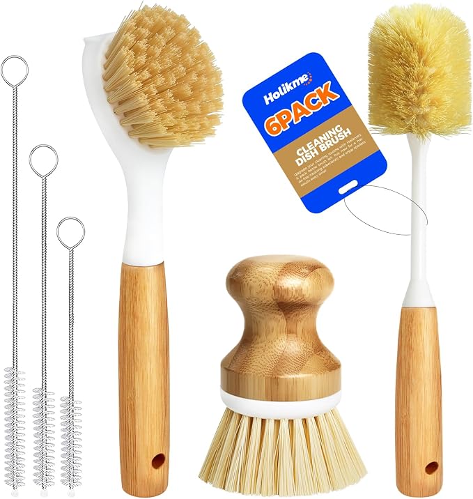 Holikme 6 Pack Dish Brush Kitchen Brushes Set with Vegetable Palm Brush, Bottle Brush, Dish Brush and Straw Brush, Fruit Cleaning Brushes for Cleaning Potato, Amarillo