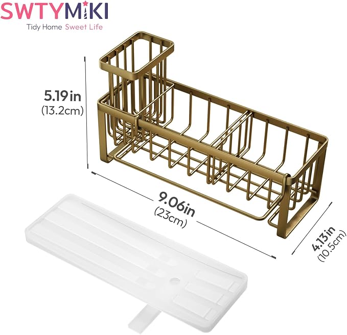 SWTYMIKI Sponge Holder for Kitchen Sink - Sink Caddy with Brush Holder Self-draining Sponge Caddy Organizer with Divider Stainless Steel Kitchen Accessories Storage for Countertop, Dark Gold