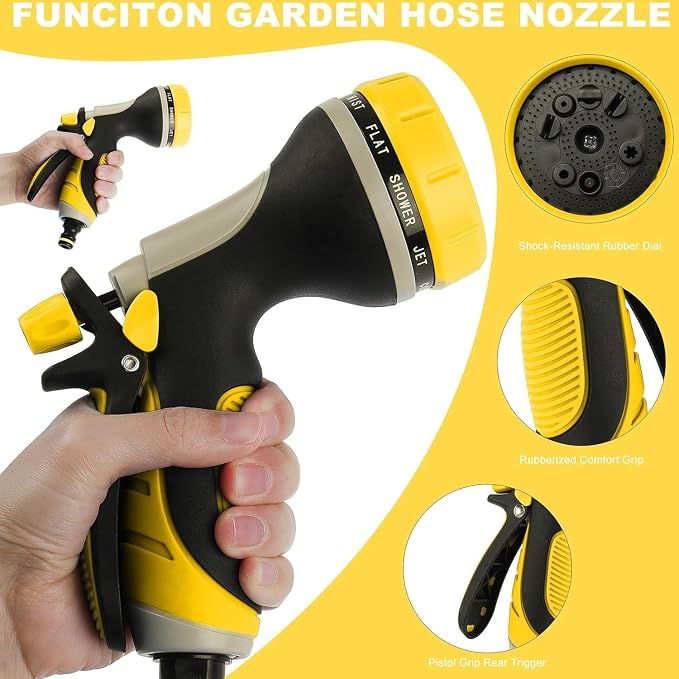 Garden Hose Nozzle with Adjustable 10 Watering Patterns Hose Spray Nozzle | Slip Resistant High Pressure Leak-Proof ,Water Hose Nozzle Sprayer for Plants & Lawns Watering,Car Washing and Pet Showering