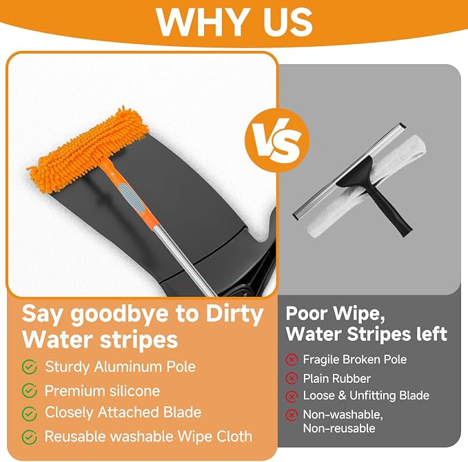 2 in 1 Window Squeegee Cleaner Kit Extension Pole, 67 in, Orange | Window Washing Equipment with Bendable Head for Indoor & Outdoor High Windows and Car Glass
