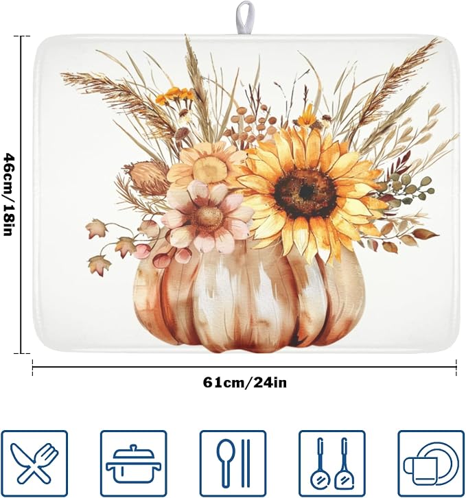 Fall Sunflower Dish Drying Mat for Kitchen Counter 18 x 24 Inch Autumn Orange Pumpkin Dish Drainer Mat Absorbent Microfiber Thanksgiving Harvest Dish Rack Pad for Coffee Dining Bar Decor