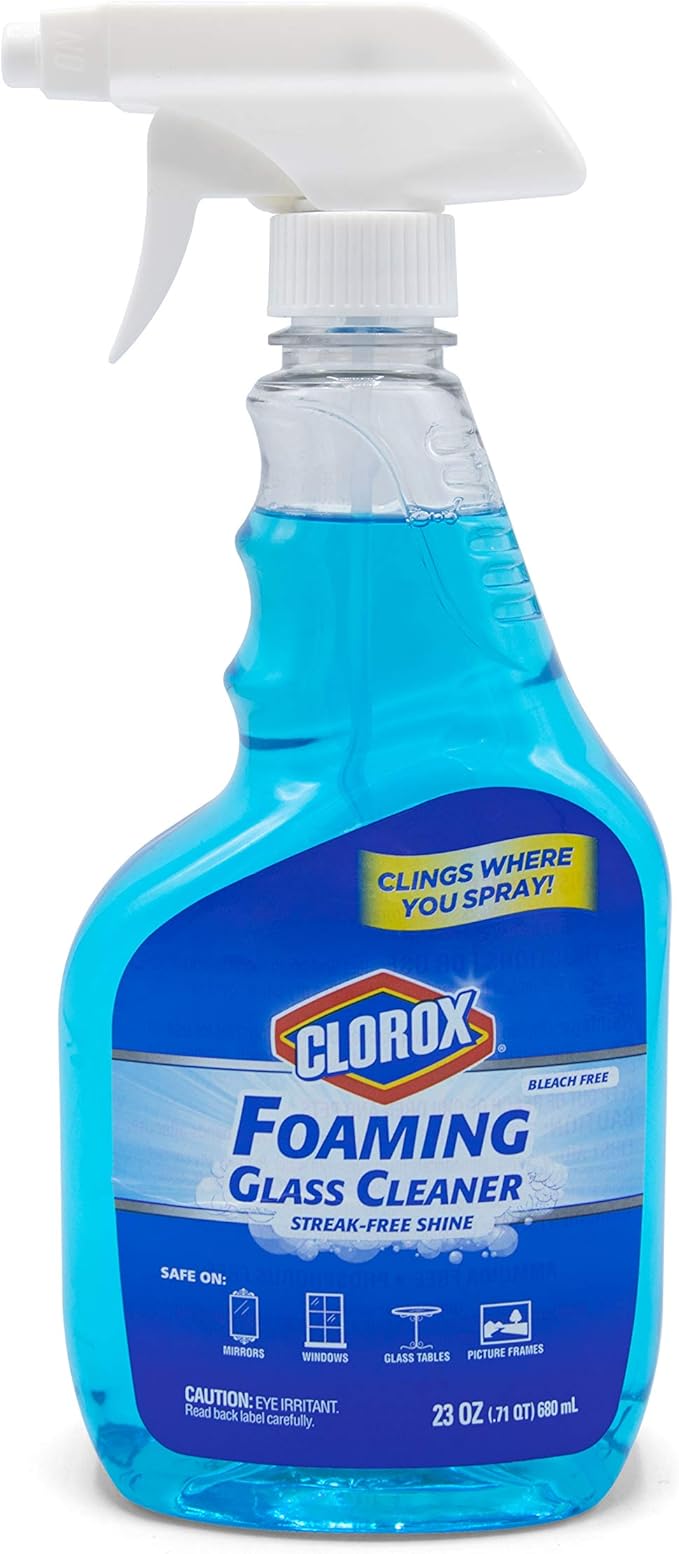 Clorox Foaming Glass Cleaner Trigger Spray, Streak Free No Drip Formula for Windows, Mirrors, and Glass Surfaces, All Purpose Household Cleaning Spray in Fresh Scent, 23 Ounce