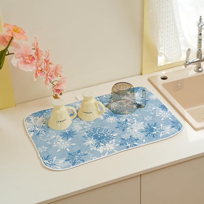 Christmas Dish Drying Mat 18x24 Inch Blue White Snowflake Winter Drying Mat Winter Xmas Holiday Absorbent Dish Drying Pad Dish Rack Drainer Mats for Kitchen Dining Counter