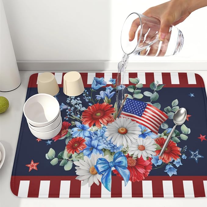 4th of July Dish Drying Mat for Kitchen Counter Patriotic Red Blue and White Floral American Flag Microfiber Dish Drainer Mat Absorbent Washable Drying Pad Extra Large 18"x24"