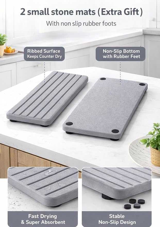 Large Stone Dish Drying Mat for Kitchen Counter, Foldable Quick Dry Stone Dish Mat, Diatomaceous Earth Water Absorbing Pad for Plate Utensils Rack Bottles, Any Countertop (Dark Gray 24"×16" & 2*8"x4")