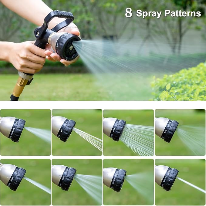 FANHAO Heavy Duty Fireman's Hose Nozzle, Metal Water Nozzle with 8 Spray Patterns，High Pressure Garden Hose Sprayer with Lever Control and Non-Slip Grip to Water Lawns & Plants, Wash Cars & Clean