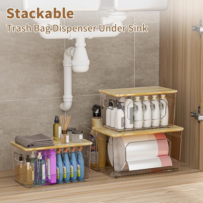 Trash Bag Holder 2-in-1 Under Sink Organizer, Acrylic Trash Bag Dispenser with Bamboo Lid and Pull-Out Basket for Cleaning Supplies, Space Saving Garbage Bag Holder for Kitchen Laundry Room Storage
