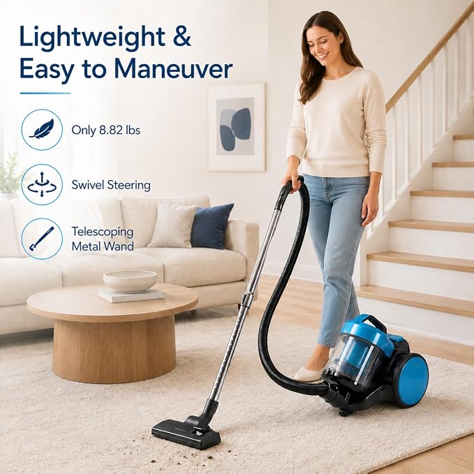 Simple Deluxe Household Portable 16.4Ft Vacuum Cleaner, 16Kpa Bagless Canister Cleaner, Lightweight Powerful Vacuum for Carpets and Hard Floors, with Washable HEPA Filter, Blue