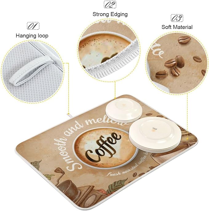 Super Absorbent Dish Drying Mat, Microfiber Fast-Drying Dish Mat, 24" x 18", Kitchen Dish Drying Pad, Coffee Cup Retro Brown