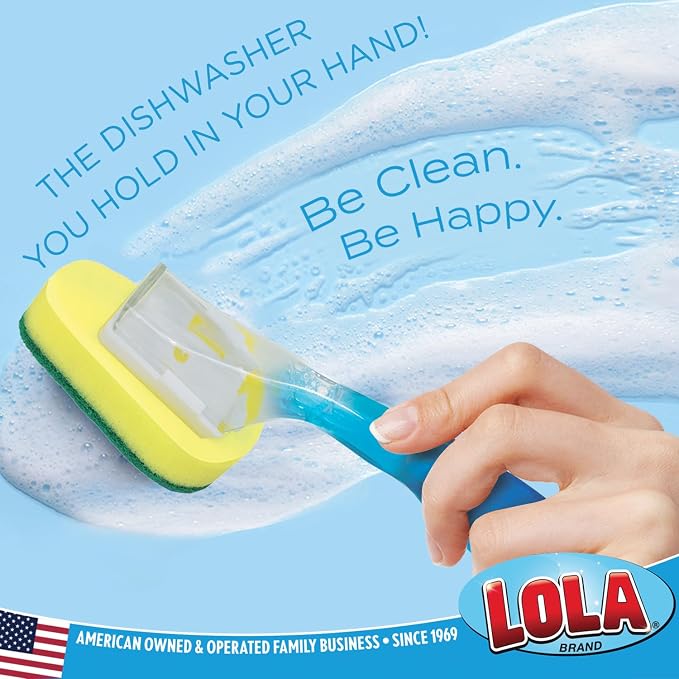 LOLA Dish Brush w/Soap Dispenser Wand, 12 Brushes w/Heads & 72 Refills, Absorbent Sponge Scrubber, No Leaking. Clean Dishes, Sinks and Cookware