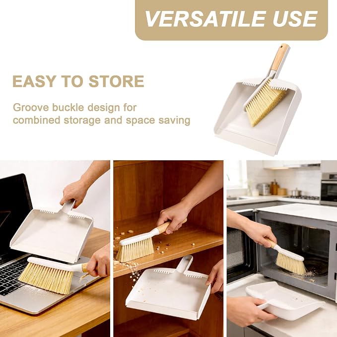 Mini Dustpan and Brush Set with Bamboo Handle, Portable Multipurpose Broom Dustpan Set with Handle Teeth, for, Desktops, Bedroom, Kitchen, Pet Care, Camping, 1 Set (White)