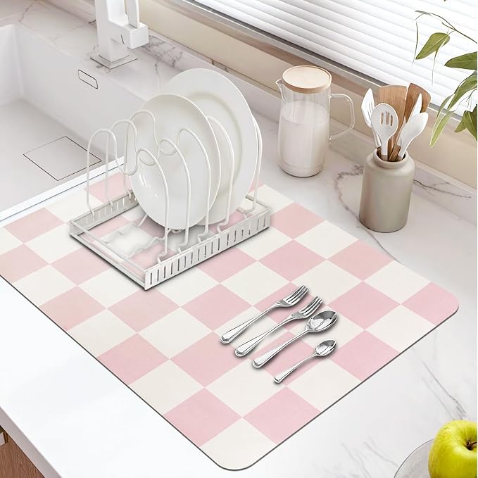 Dish Drying Mat for Kitchen Counter,16"x 24" Super Absorbent Kitchen Dish Drying Pad, Heat Resistant Drainer Mats with Non-slip Rubber Backed, Pink Checkered Coffee Bar Station Accessories
