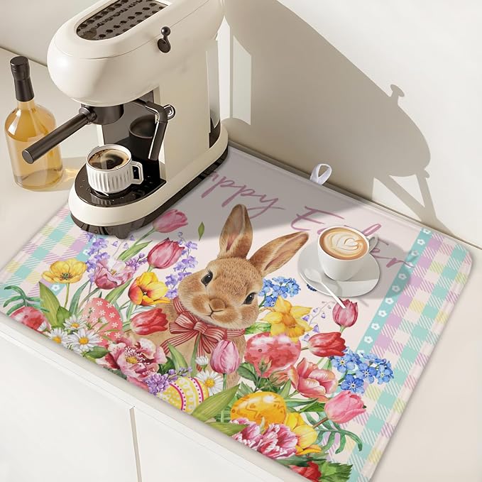 Easter Bunny Dish Drying Mat for Kitchen Counter Happy Easter Rabbit Floral Colorful Buffalo Plaid Microfiber Dish Drainer Mat Absorbent Washable Drying Pad Extra Large 18"x24"