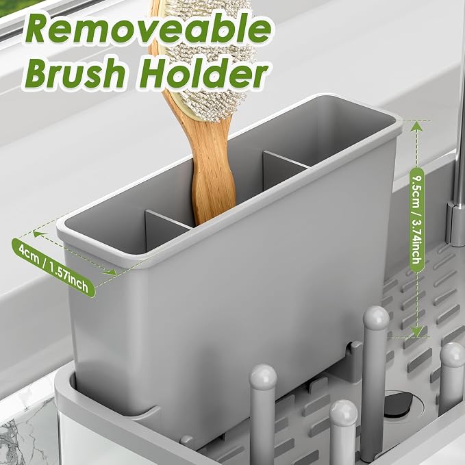 Ewaiira Stainless Steel Sink Caddy, Sponge Holder for Kitchen Sink with Brush Holder Dishcloth Rack, Rustproof Sink Organizer Countertop, Soap Dispenser Kitchen Organizers Storage Essentials, Gray9.8″