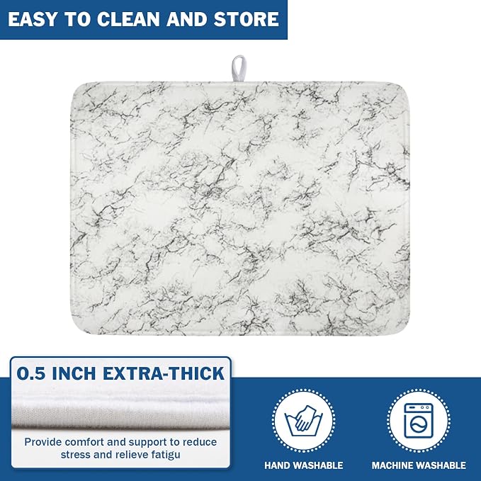 White Grey Marble Dish Drying Mat for Kitchen Counter Modern Marble Pattern Microfiber Dish Drainer Mat Absorbent Washable Drying Pad Extra Large 18"x24"