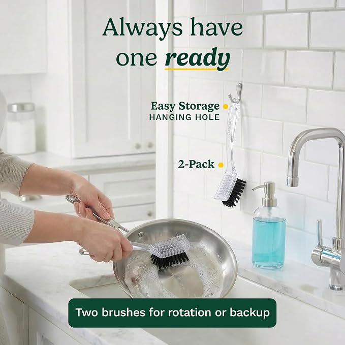 Cuisinart Dish Brush with Handle, 2 Pack, Firm Bristles | Multi-purpose dish scrubber for plates, pots, and pans, deep cleaning removes grease, safe for nonstick, built-in scraper